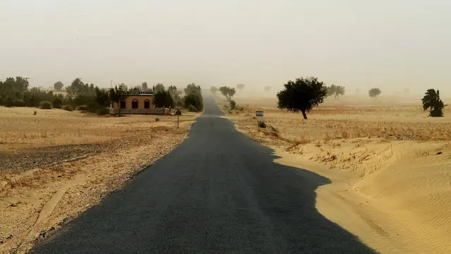 Noorpur Thal desert road, engulfed in a sand storm
