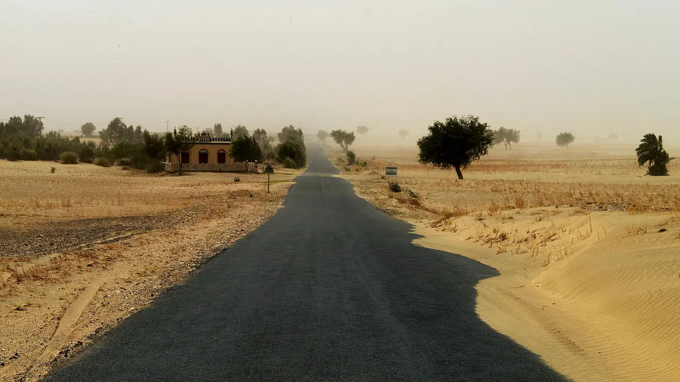 Noorpur Thal desert road, engulfed in a sand storm